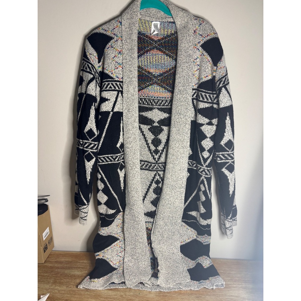 Mintee 16 Aztec‎ Geometric Longline Cardigan XL Black White Multi CD2211-029